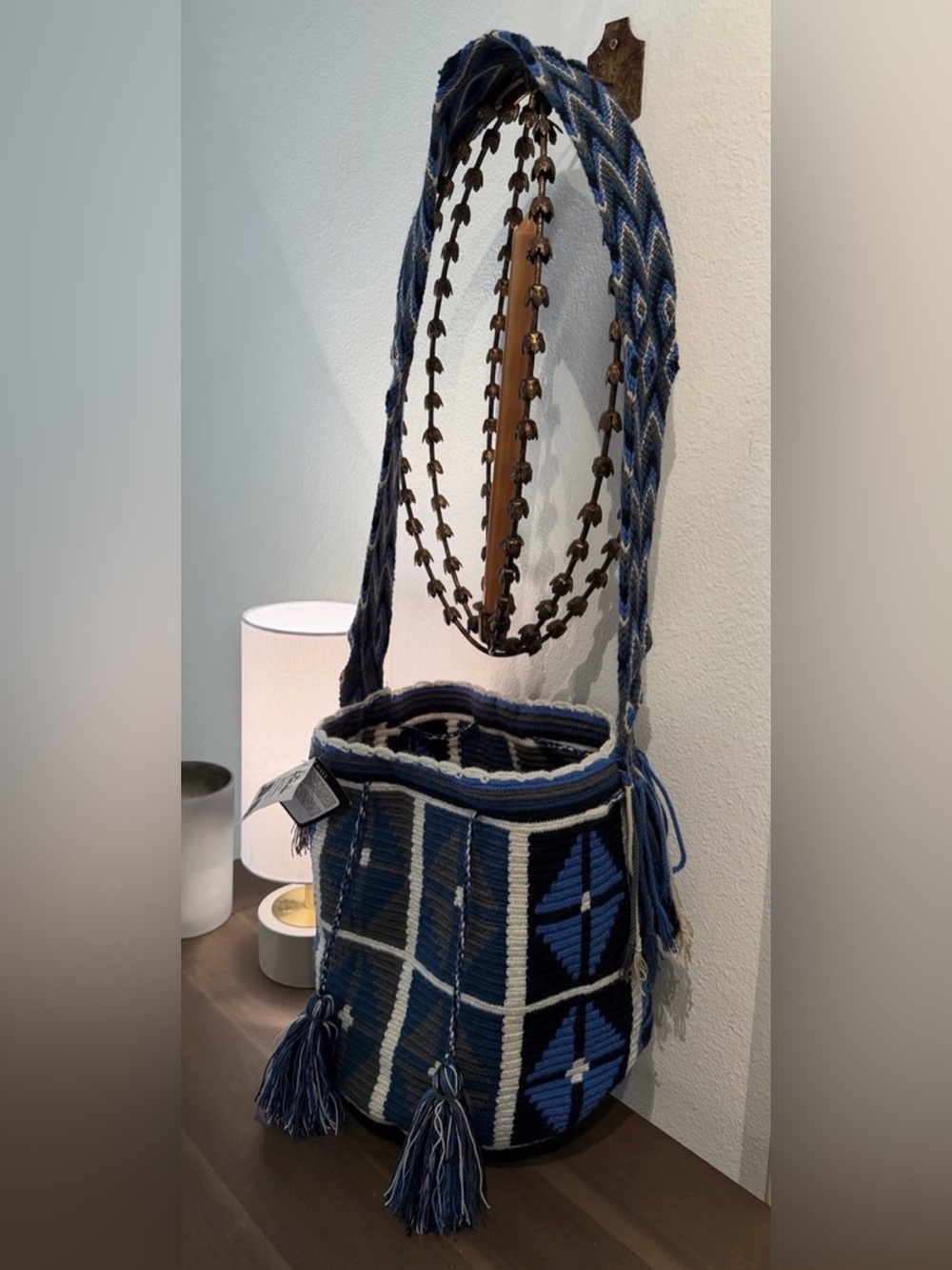 Handwoven Blue Patterned Bucket Bag by ARTERALDA Mochila WYU 100% Colombian New - Picture 2 of 5